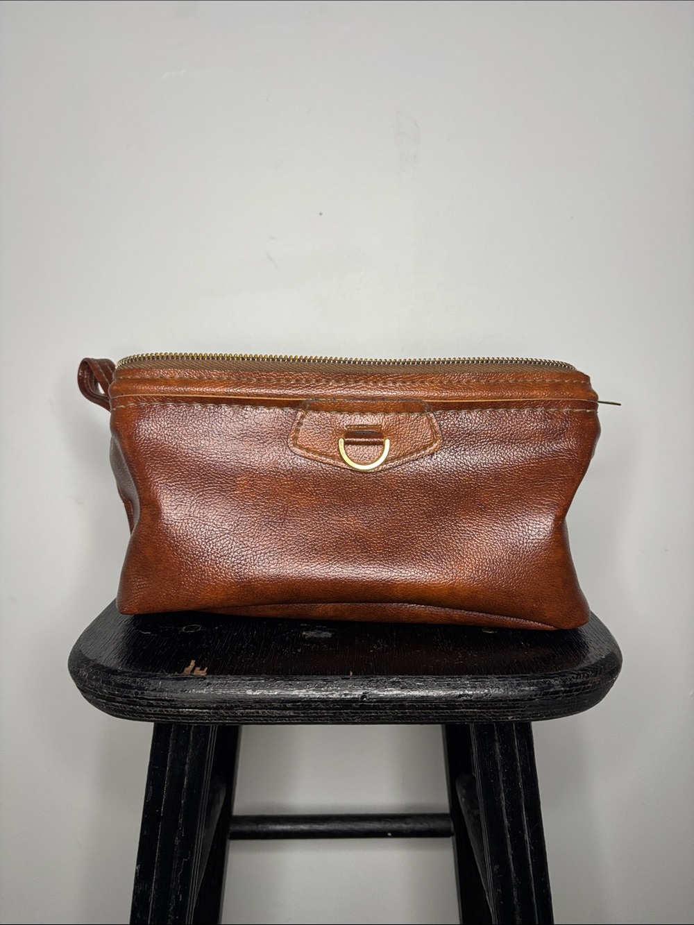 Vintage Brecher Brown Vinyl Vegan Leather Toiletry Pouch with Gold D-Ring